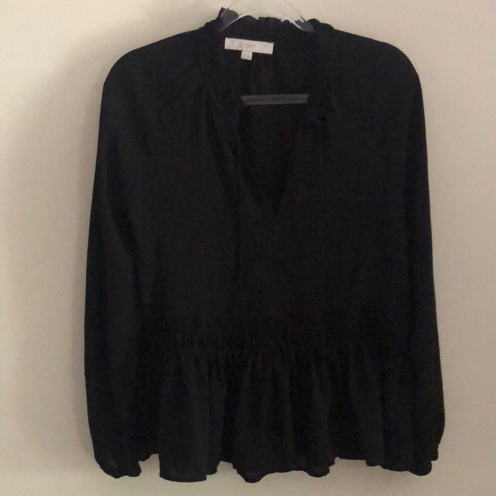 LOFT Black Ruffled Peplum Long Sleeve Blouse
